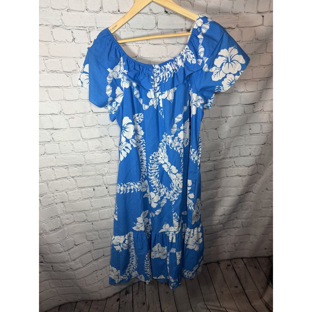 Hilo Hattie Hawaiian Dress XL Blue/white Floral Dress Off Shoulder Tiered - Picture 6 of 7
